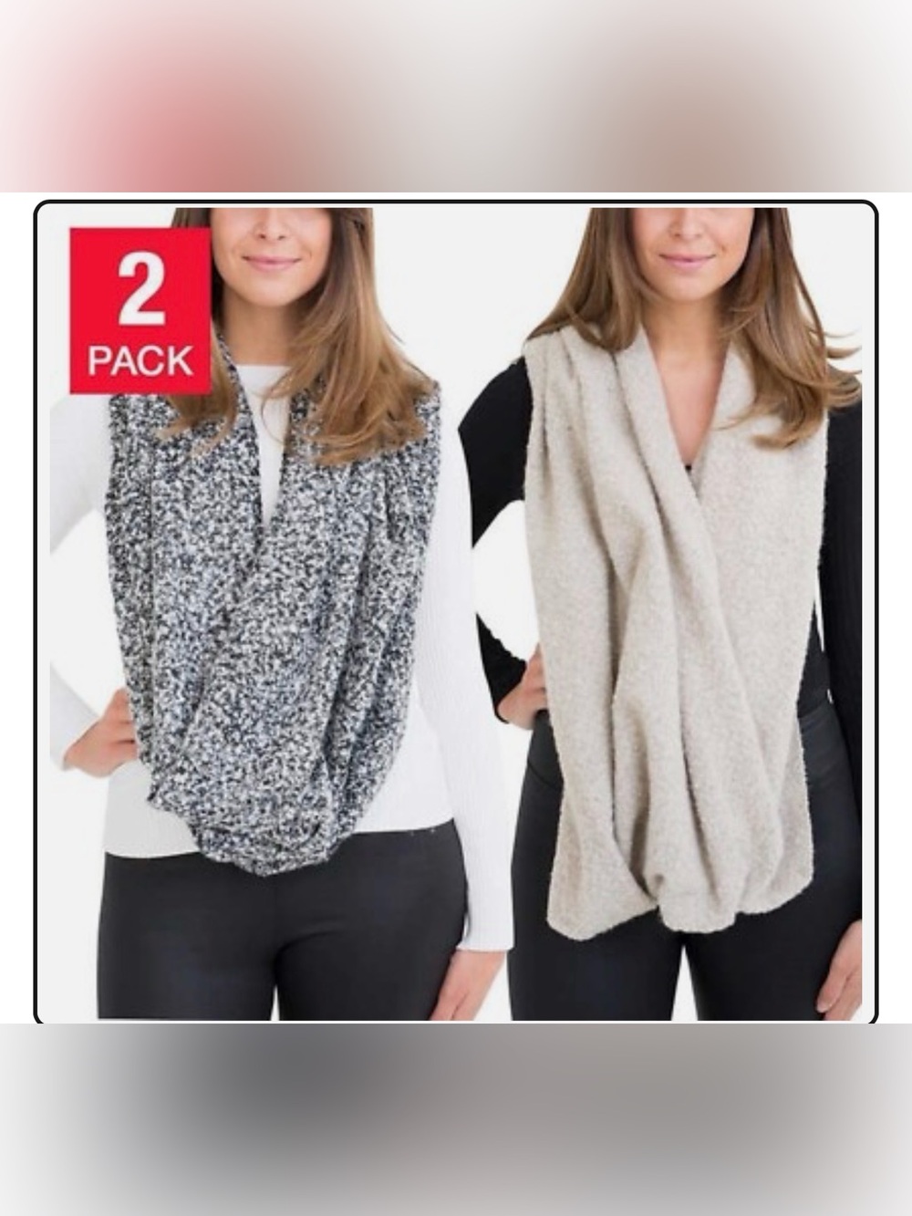2-Pack Cozy Infinity Scarves — Gray & Cream
